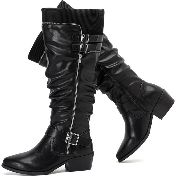 ⚡Women's Black Extra Wide Calf Knee High Boots Knee High Boots Low Stacked Heel - Picture 1 of 6